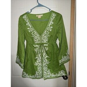 MICHAEL MICHAEL KORS GREEN EMBROIDERED 3/4 SLEEVE BOHO TUNIC TOP SIZE Small